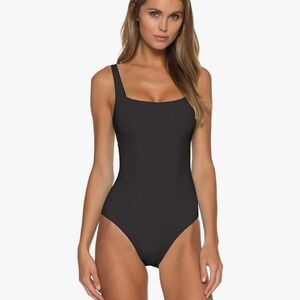 Becca by Rebecca Virtue Square Neck Over The Shoulder One Piece Swimsuit Black S